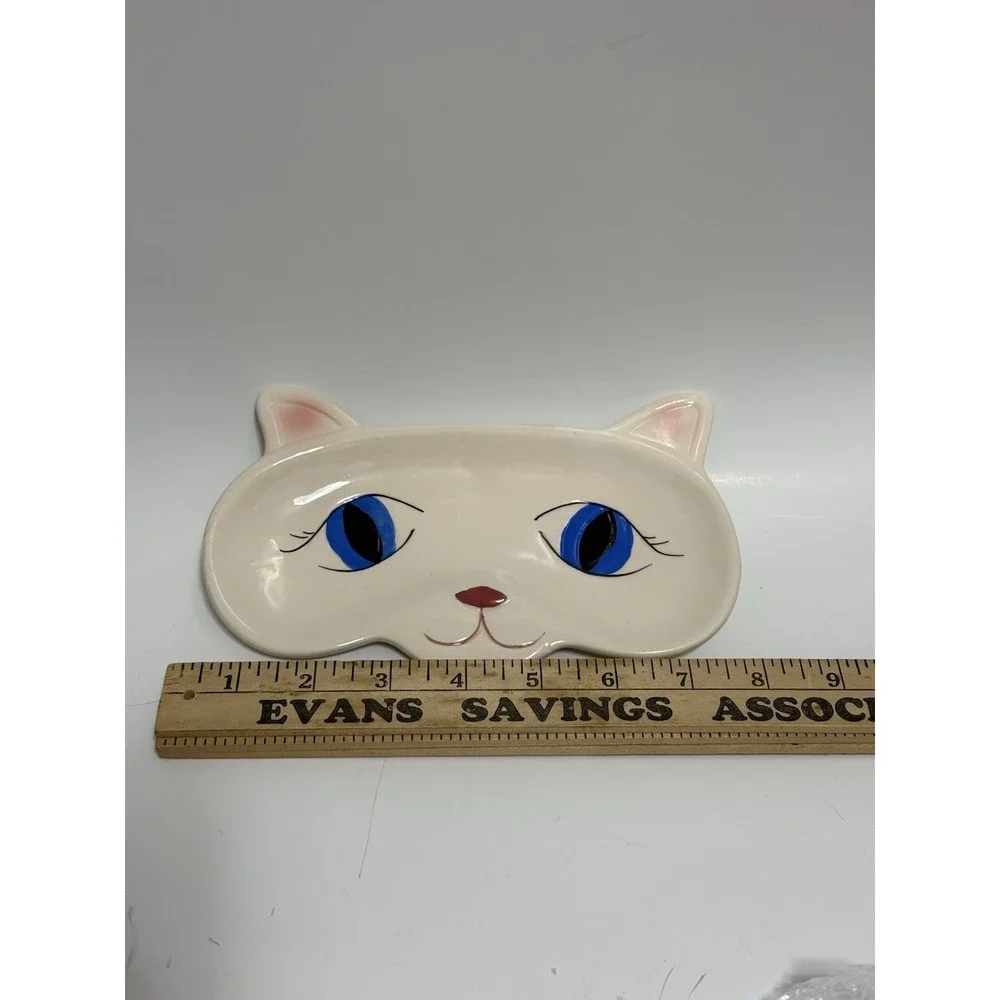 Vintage Ceramic Cat Face Trinket Dish with Blue Eyes - Mid-Century Modern Kitty